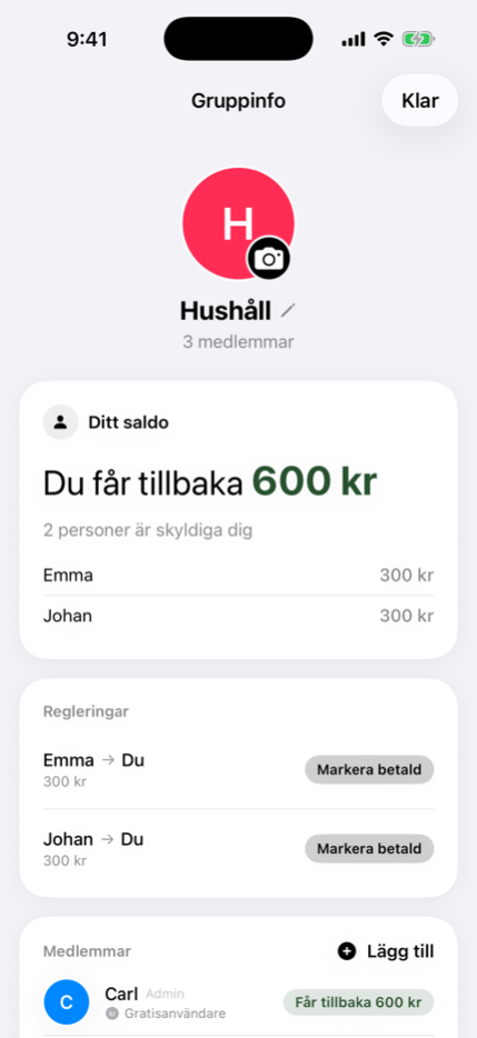 En delad hushållslista med saldon
