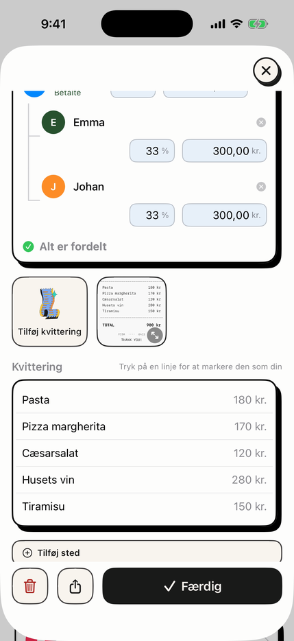 En indlæst kvittering med hver linje aflæst