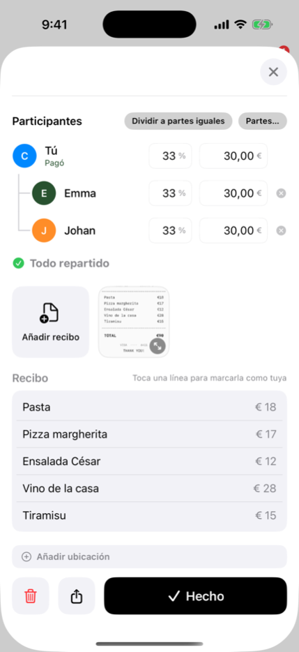 Un ticket leído con cada línea reconocida