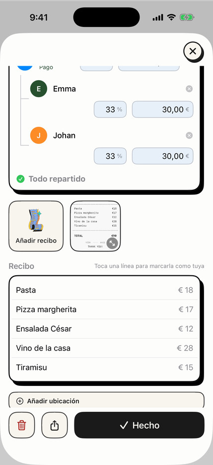 Un ticket leído con cada línea reconocida