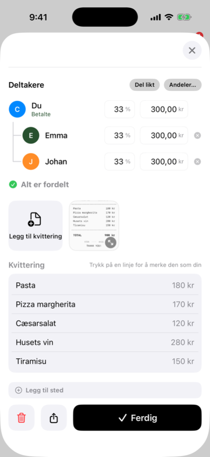 En innlest kvittering med hver linje avlest