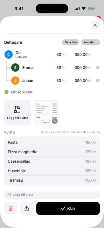 Ett inläst kvitto med varje rad avläst